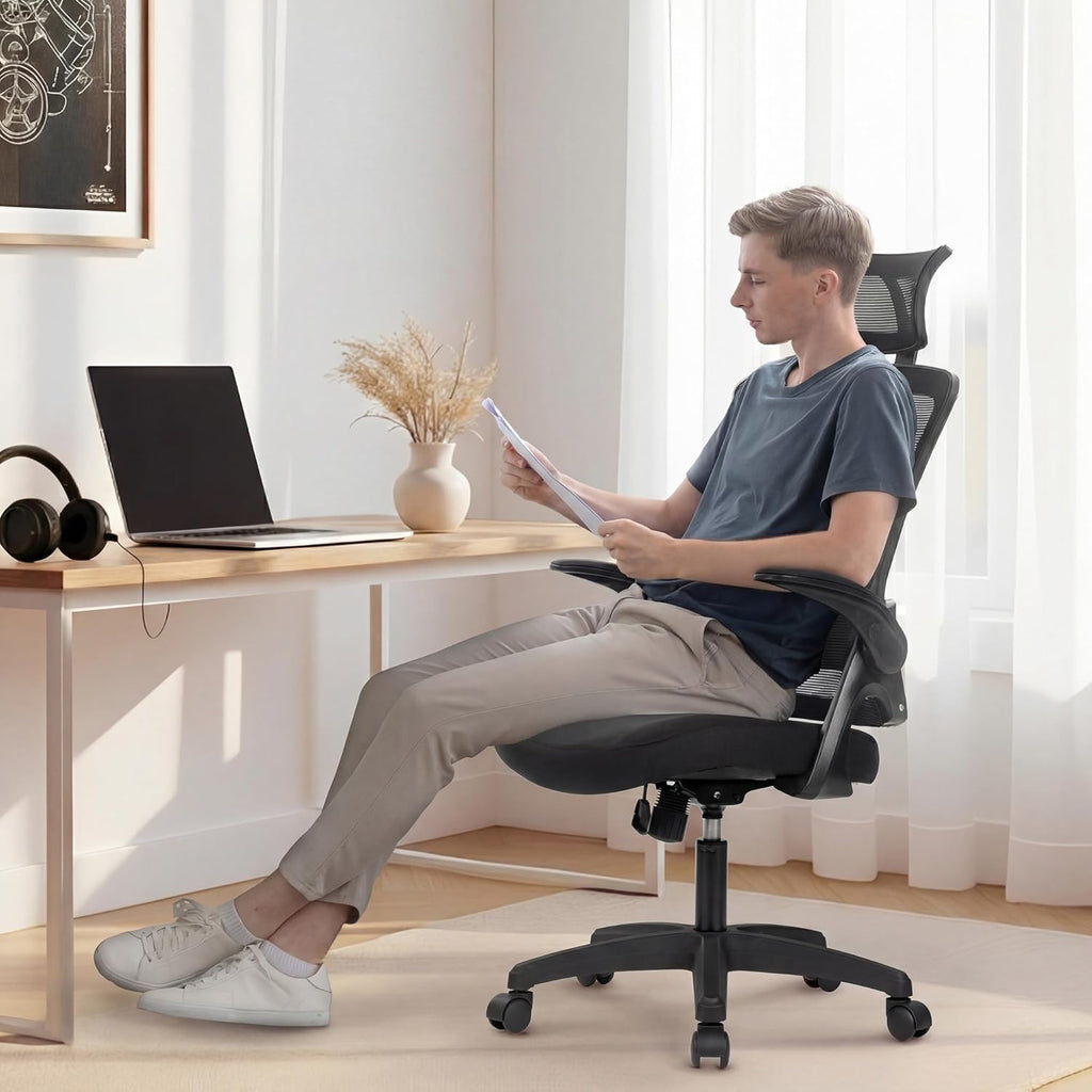 NEO CHAIR Office Desk Chair Gaming Computer High Back Support Mesh Comfy Seat with Adjustable Ergonomic Headrest Lumbar Rolling Flip-up Armrests and Wheels (Black)