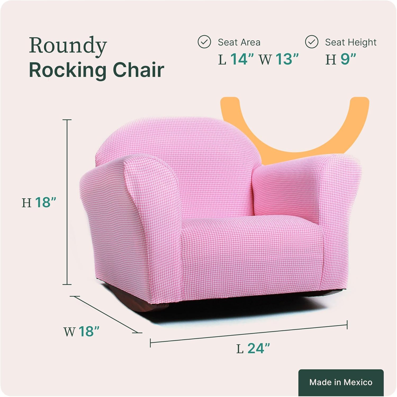 Gingham Rocking Chair for Kids – Soft Microsuede Upholstery, Sturdy Wooden Frame, Ergonomic Padded Seat, Smooth Rocking Motion, Easy to Clean, Ages 2–5, Perfect for Bedrooms & Playrooms.