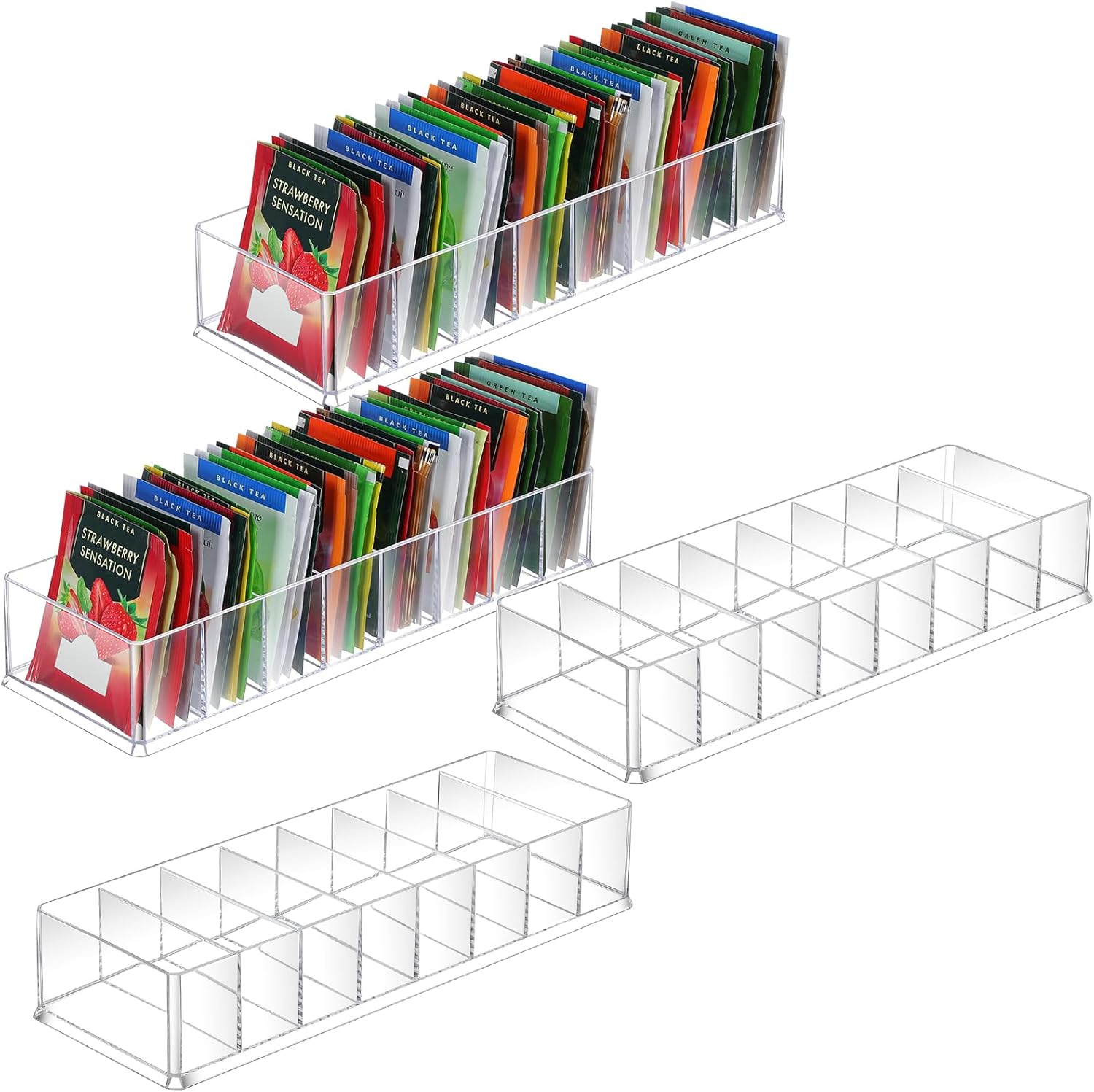 Cinnvoice 4 Pcs Tea Bag Storage Acrylic Clear Tea Drawer Organizer for Drawers, Kitchen, Cabinets, Pantry, Countertops