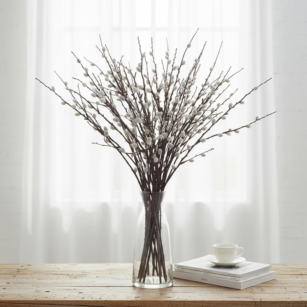 3 Bundles Faux Pussy Willow Branches 80cm Tall Vase Filler with White Fluffy Buds Realistic Pussywillow Branches for Vase Decor Home Office Wedding Decoration