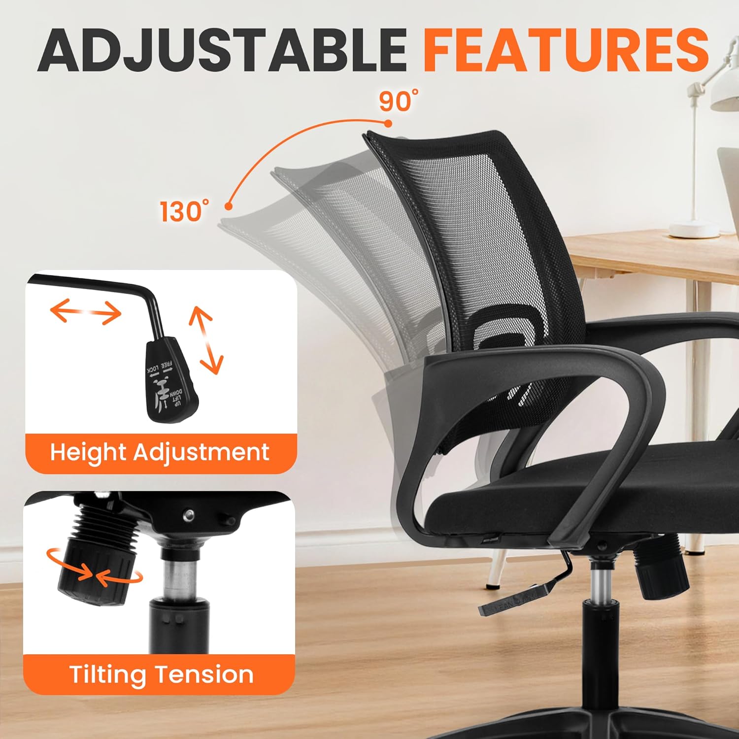 NEO Chair Office Computer Chair Mid Back Desk Ergonomic Mesh Gaming Seat Comfy Lumbar Support Rolling Wheels Adjustable Height Swivel for Home Task (All Black)