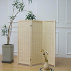 Furnnylane 3 Panel Short Room Divider Screen,Beige Freestanding Partition,Small Bamboo Panel Divider for Room Seperation,3.95 FT Tall