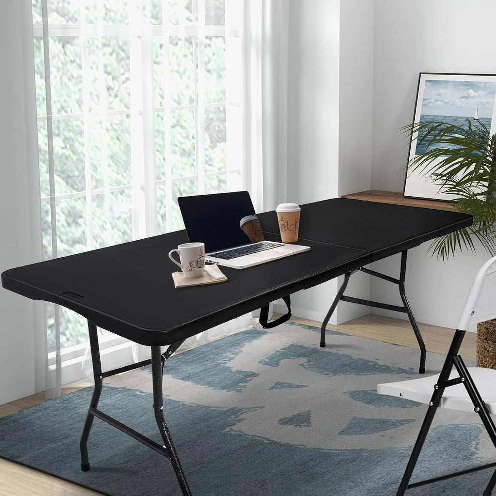 pollilar Folding Table 6FT Heavy Duty Portable Plastic Foldable Table Black | 6 Foot Fold-in-Half Utility Desk for Outdoor Camping Party Dining Wedding Events Picnic Indoor Working Meeting Banquet BBQ