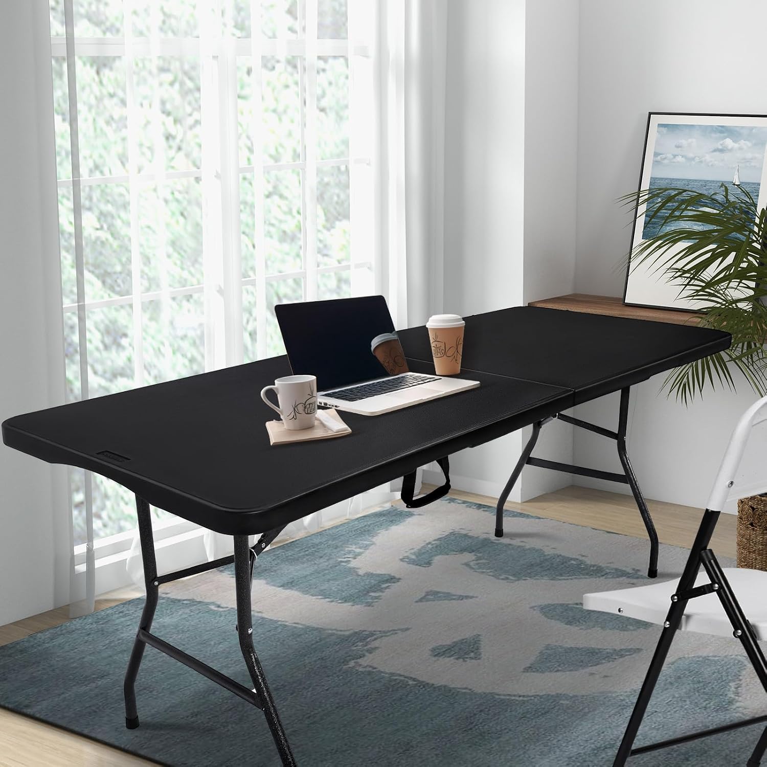 pollilar Folding Table 6FT Heavy Duty Portable Plastic Foldable Table Black | 6 Foot Fold-in-Half Utility Desk for Outdoor Camping Party Dining Wedding Events Picnic Indoor Working Meeting Banquet BBQ