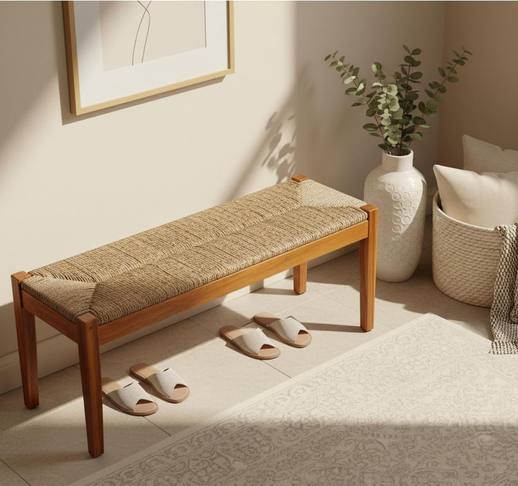 Vintage Entryway Bench, 47 inch Acacia Wood Bench with Woven Seagrass Seat, Entryway Bench, Wicker Bench Indoor for Hallway, End of Bed, Rustic Farmhouse Boho Style, Indoor Decorative Bench (Brown)