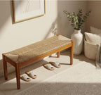 Vintage Entryway Bench, 47 inch Acacia Wood Bench with Woven Seagrass Seat, Entryway Bench, Wicker Bench Indoor for Hallway, End of Bed, Rustic Farmhouse Boho Style, Indoor Decorative Bench (Brown)