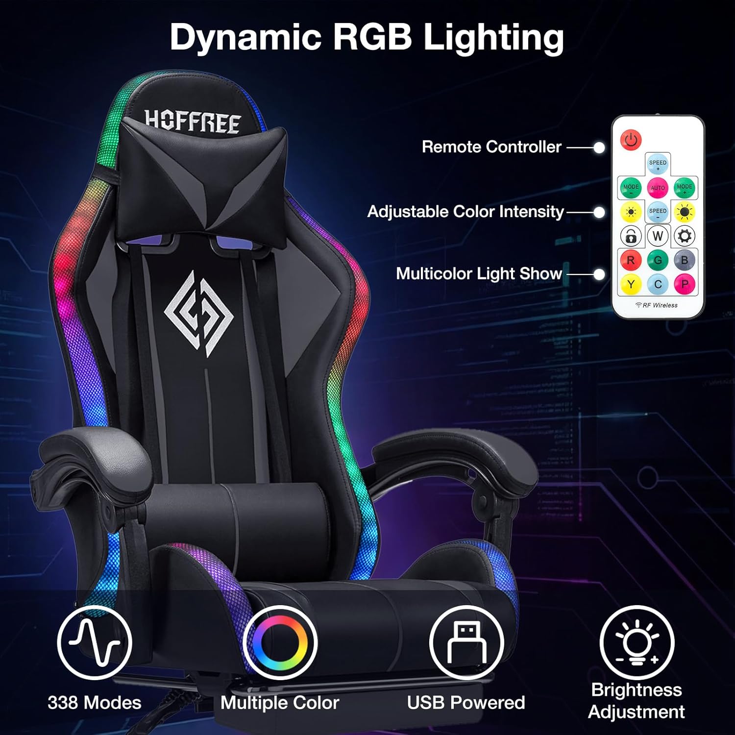 RGB Gaming Chair Massage with LED Lights and Ergonomic Computer Gaming Chair with Footrest High Back Video Game Chairs with Adjustable Lumbar Support Grey and Black