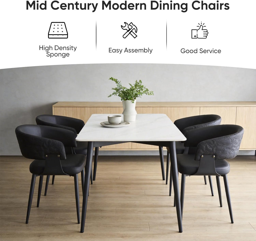Atoll Modern Accent Dining Chairs Set of 2 with Upholstered PU Leather Seat & Curved Back, Metal Legs, Mid-Century Kitchen Chair for Dining Room, Living Room or Office (2, Black)