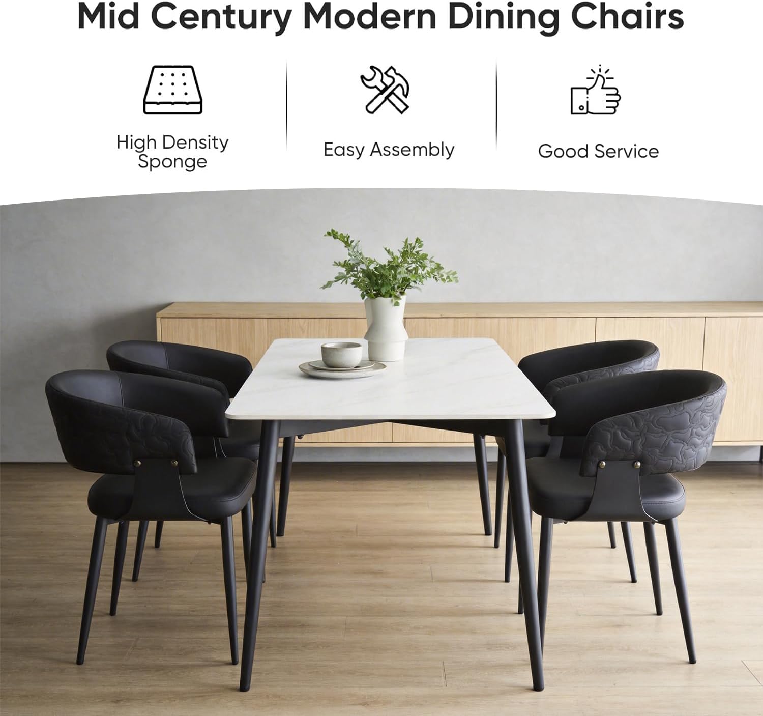 Atoll Modern Accent Dining Chairs Set of 2 with Upholstered PU Leather Seat & Curved Back, Metal Legs, Mid-Century Kitchen Chair for Dining Room, Living Room or Office (2, Black)