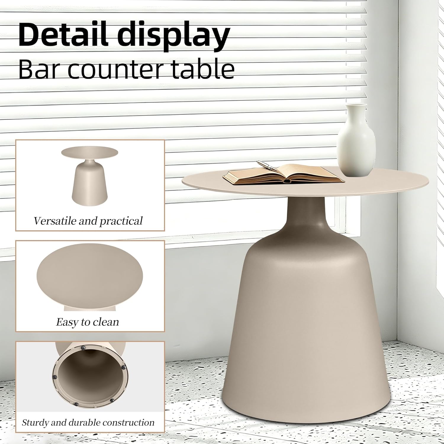 Outdoor Round Side Table, Mid Century Modern Style, Weather Resistant Rust Resistant Aluminum Base, Ideal for Garden, Pool, Patio, Balcony, Living Room, 19.5" x 18.3",Champagne