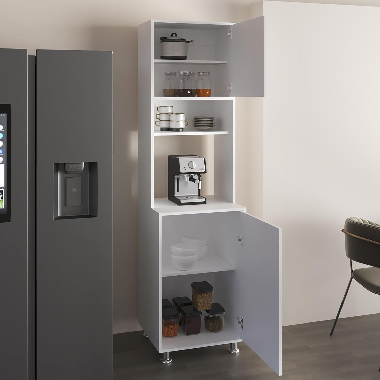 21.4" D*19.7" W*78.7" H Corner Kitchen Pantry with 3 Shelves, 2 Single Doors, Sliver Legs, Rectangular Storage Cabinet, Modern Minimalist, for Living Room, Dining Room, White