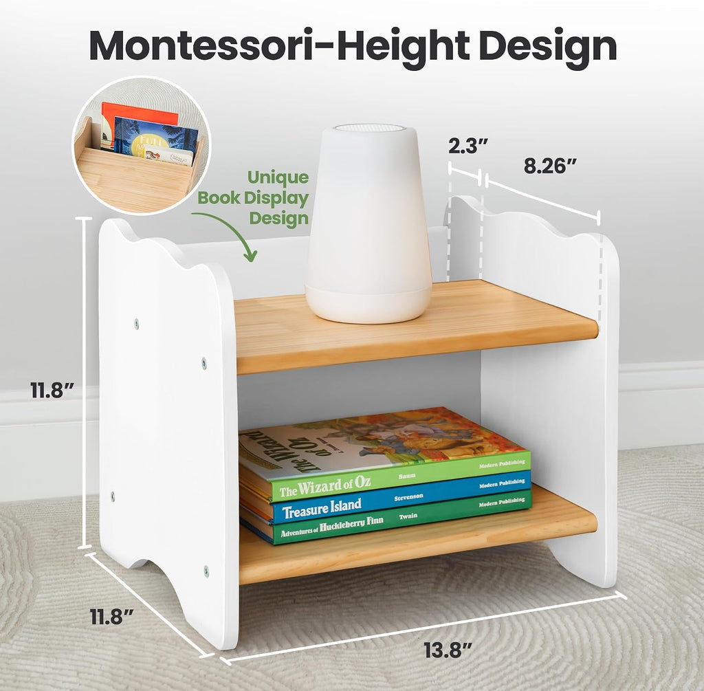 Ocodile The Original Kids Nightstand for Floor Beds, Solid Wood Small Bedside Table with Book Pocket, Low Tiny Nightstand for Nursery, Toddler & Kids Room, Montessori Style Side Table - White