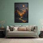 WANXU Sparkling River And Full Moon Layered Mountain Landscape Wall Print, Rustic Forest Scene for Country House Decor Or Themed Interiors Canvas Poster Bedroom Decor Sports Landscape Office Room Deco