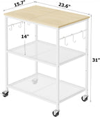 Homleke 3-Tier Rolling Kitchen Microwave Cart, Kitchen Utility Cart on Lockable Wheels, Coffee Bar Table Station with 6 S-Shaped Hooks, Small Appliance Storage Shelf, White and Natural KC40D
