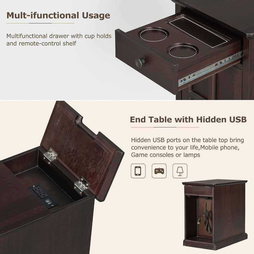 Traditional Wood End Table with Charging Station, Modern Vintage Sofa Chair Side Table Nightstand with Storage & Drawer for Living Room Bedroom, No Assembly, Antique Espresso