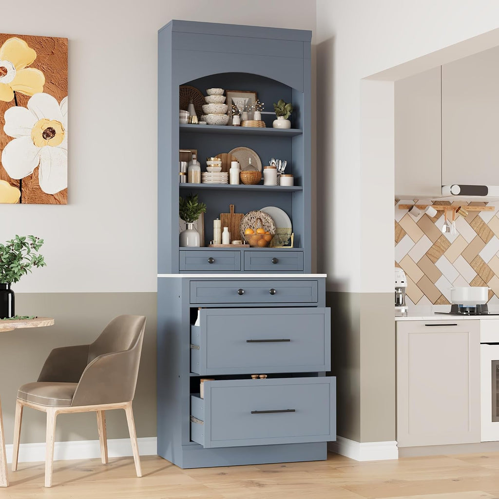 LUMISOL 83.7” Kitchen Pantry, Freestanding Tall Kitchen Hutch with Faux Marble Top, Cupboard Cabinet with 5 Drawers and Adjustable Shelf, Storage Cabinet for Kitchen Dining Room, Set of 2, Gray
