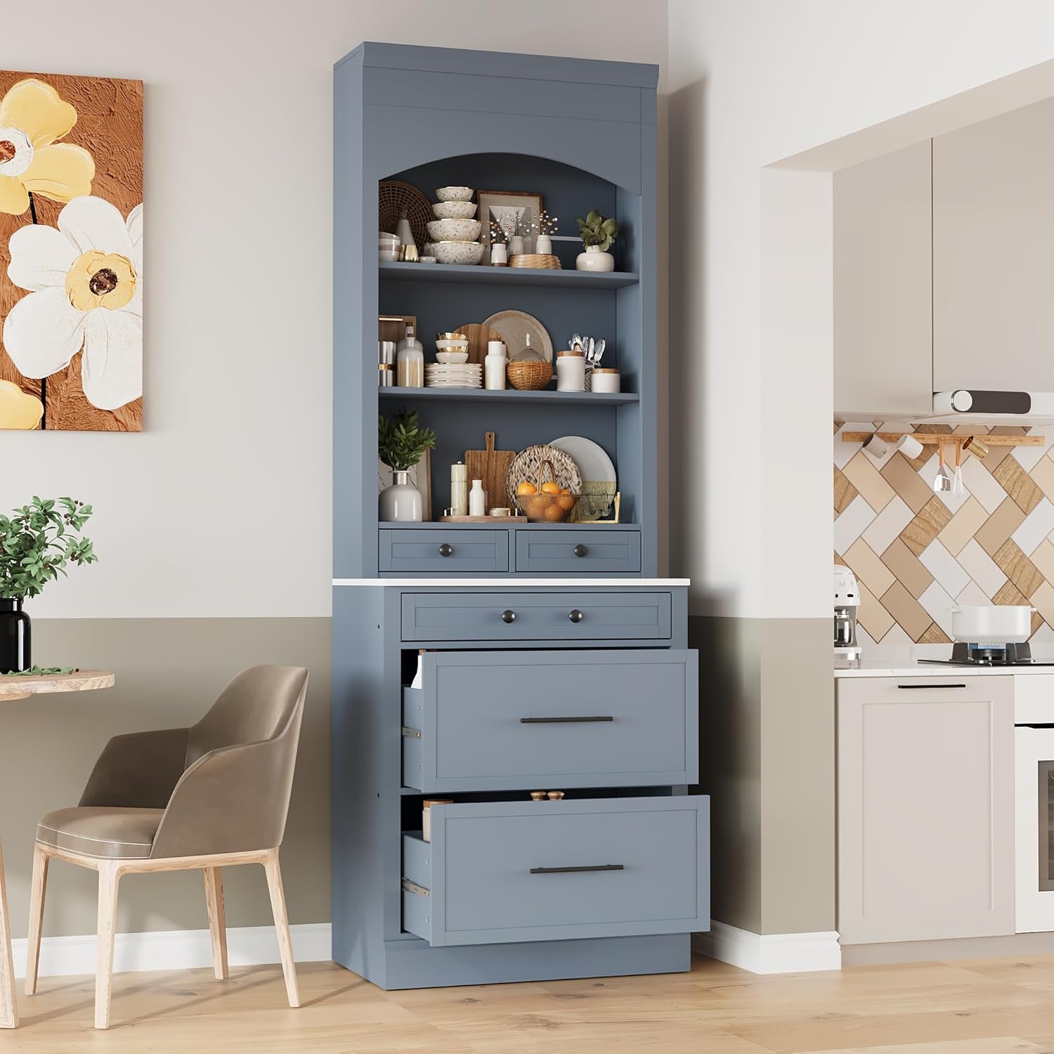 LUMISOL 83.7” Kitchen Pantry, Freestanding Tall Kitchen Hutch with Faux Marble Top, Cupboard Cabinet with 5 Drawers and Adjustable Shelf, Storage Cabinet for Kitchen Dining Room, Set of 2, Gray