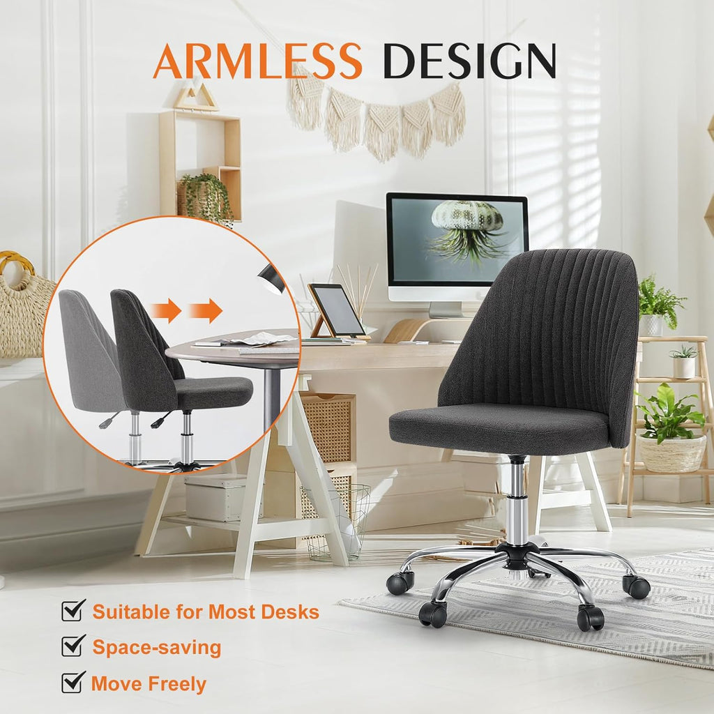 Sweetcrispy Armless Vanity Chair, Cute Comfy Home Office Desk Chair with Wheels, Modern Upholstered Task Computer Seat for Bedroom, Study, Makeup Vanity, Height Adjustable & Swivel, Deep Gray