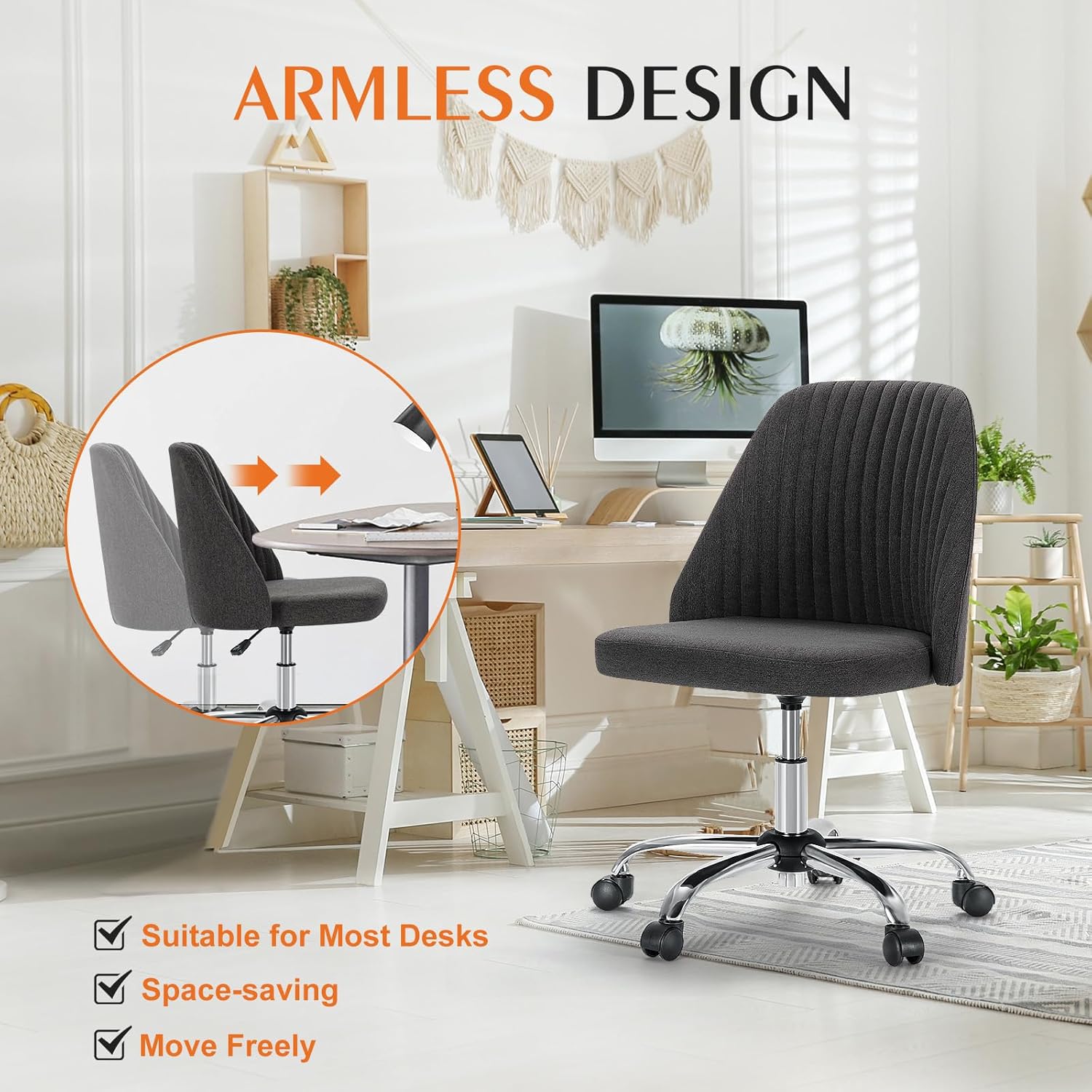 Sweetcrispy Armless Vanity Chair, Cute Comfy Home Office Desk Chair with Wheels, Modern Upholstered Task Computer Seat for Bedroom, Study, Makeup Vanity, Height Adjustable & Swivel, Deep Gray