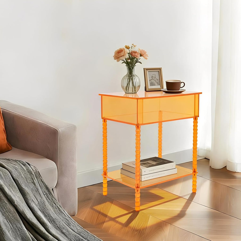 Acrylic Side Table, End Table with Storage, Nightstand for Living Room Bedroom (Orange)