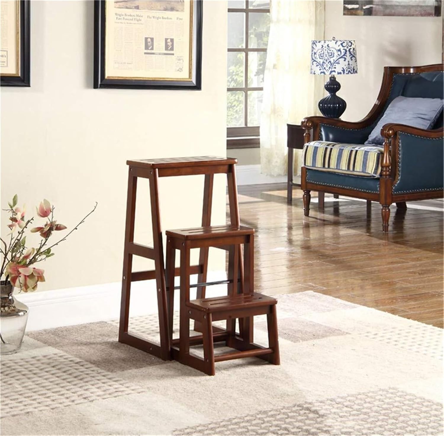 Step Stool Solid Wood Step Stool with 3 Steps | Lightweight & Foldable Multipurpose Ladder Shelf - Capacity 150kg
