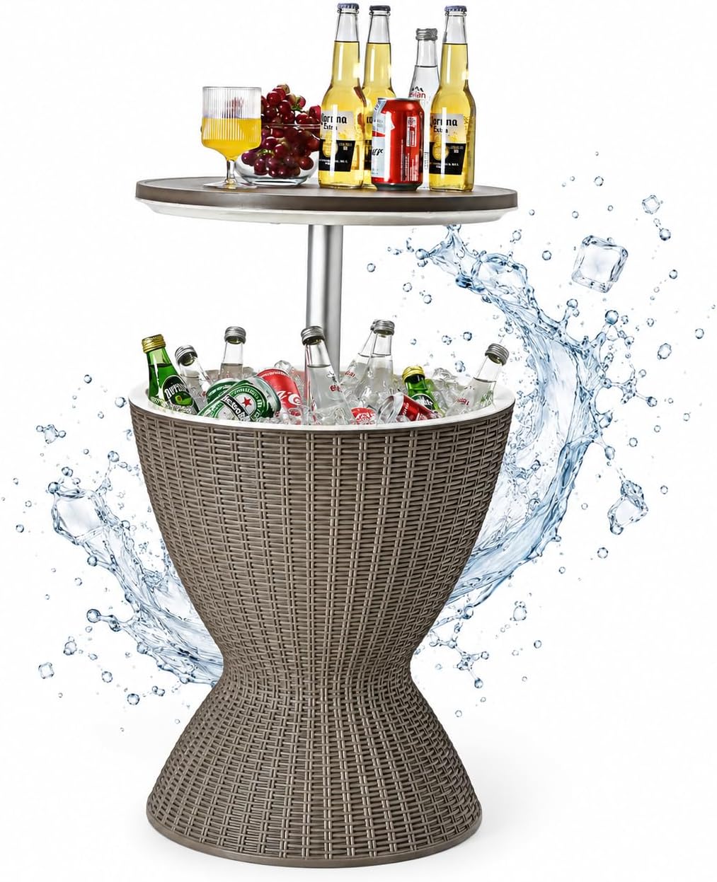 Byroce Outdoor Cooler Table, Patio Cooler Side Table with 8 Gallon Built-in Cooler, Adjustable Height Rattan Bar Table for Pool, Hot Tub, Backyard and Parties