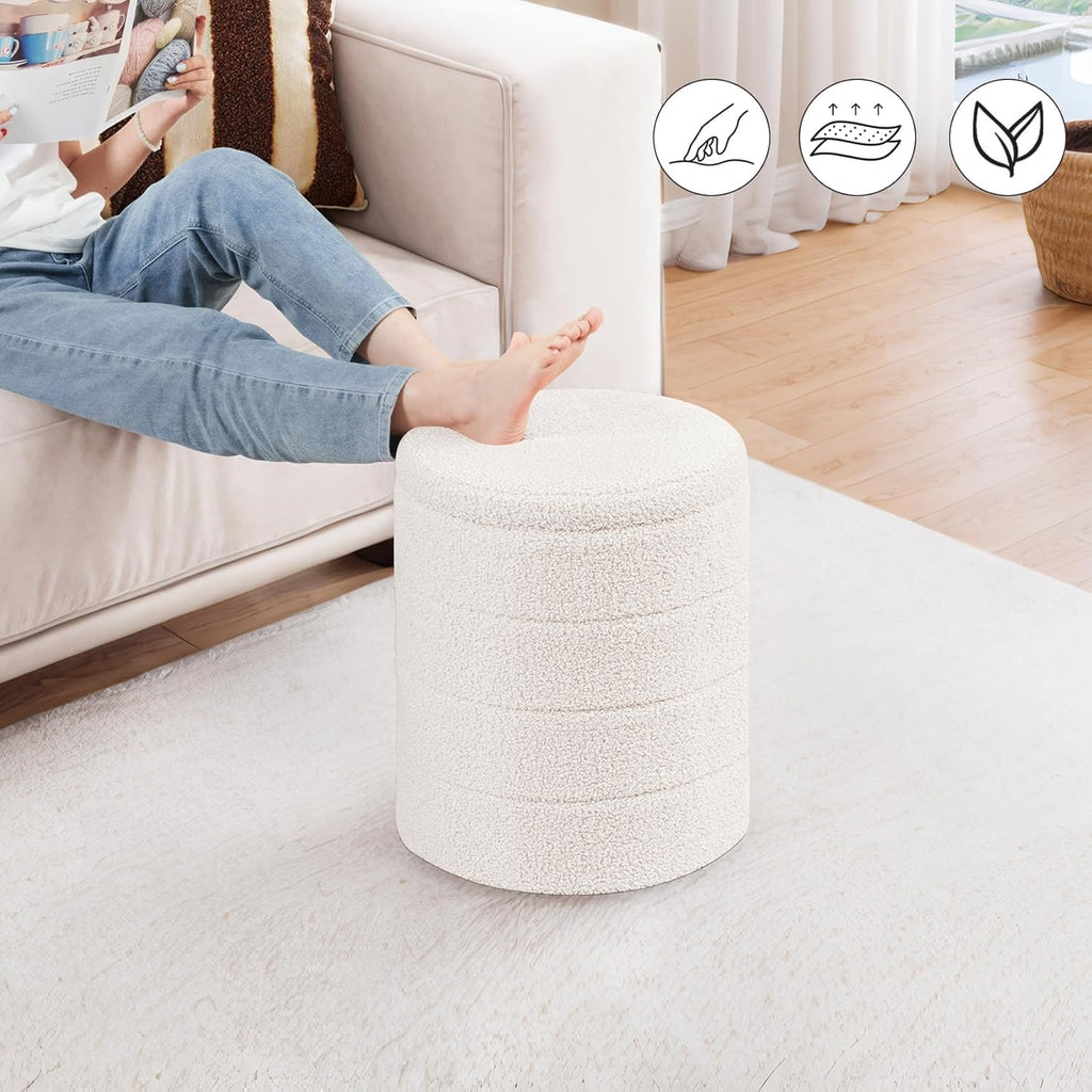 PINPLUS Round Storage Ottoman Foot Rest Stool with Tray Velvet Sherpa Folding Storage Ottoman,Boucle Foot Rest for Living Room, Bedroom, Dorm（White）