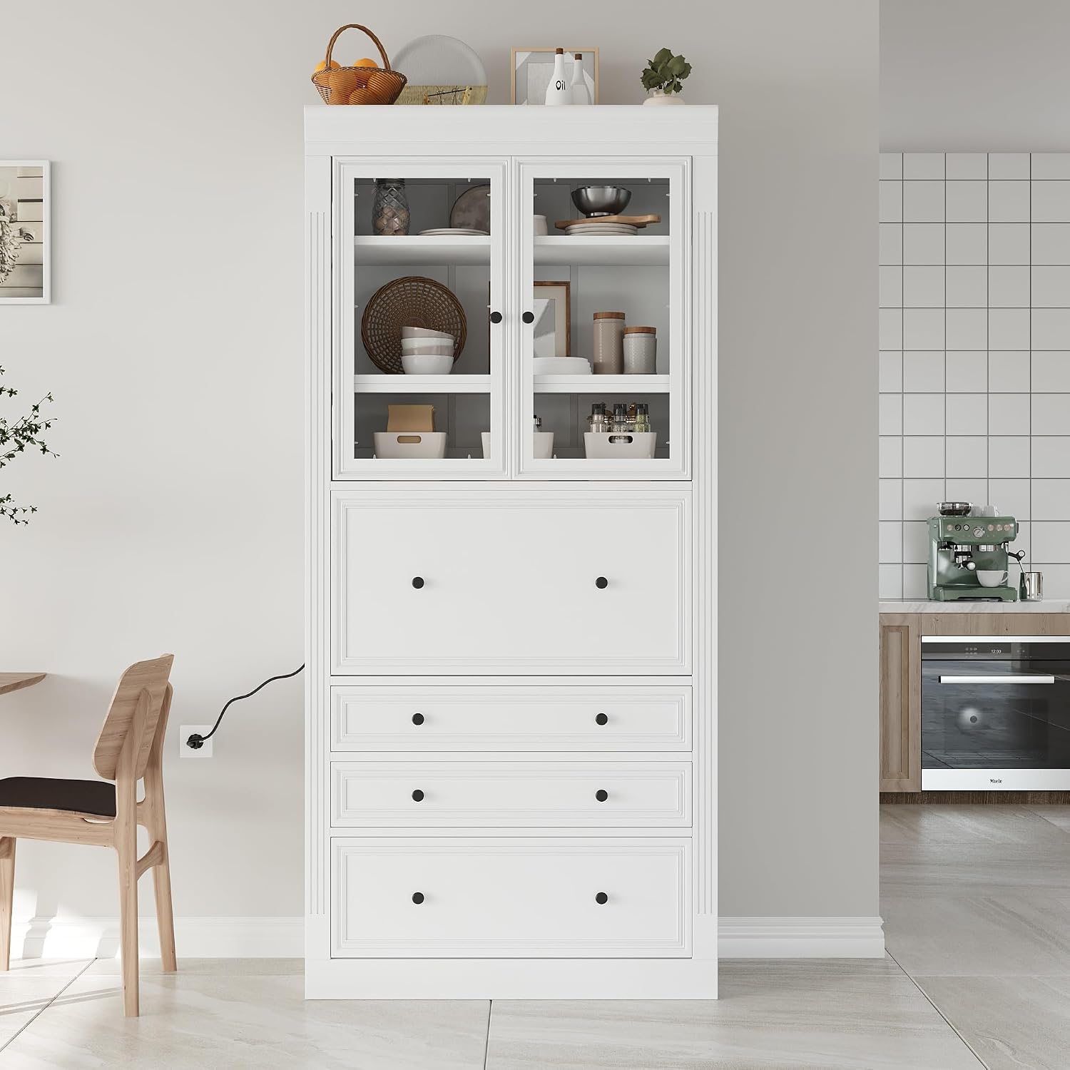 Merax Kitchen Pantry Cabinet, 78” White Wooden Pantries Storage Cabinet with Glass Doors and 2 Adjustable Shelves, Power Outlet Cupboard with Drop-Down Surface and 3 Drawers for Living Dining Room