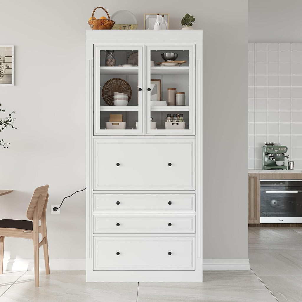 Freestanding Kitchen Pantry Storage Cabinet,Multifunctional Cupboard with 3 Drawers,Adjustable Shelves and Power Outlet for Dining,Living Room (White-E)