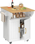 MAHANCRIS Kitchen Island on Wheels, Rolling Island Cart with Drop Leaf, Mobile Kitchen Island with Storage, Kitchen Island Table with Adjustable Shelf and Hooks, for Kitchen White and Natural KIBN9801