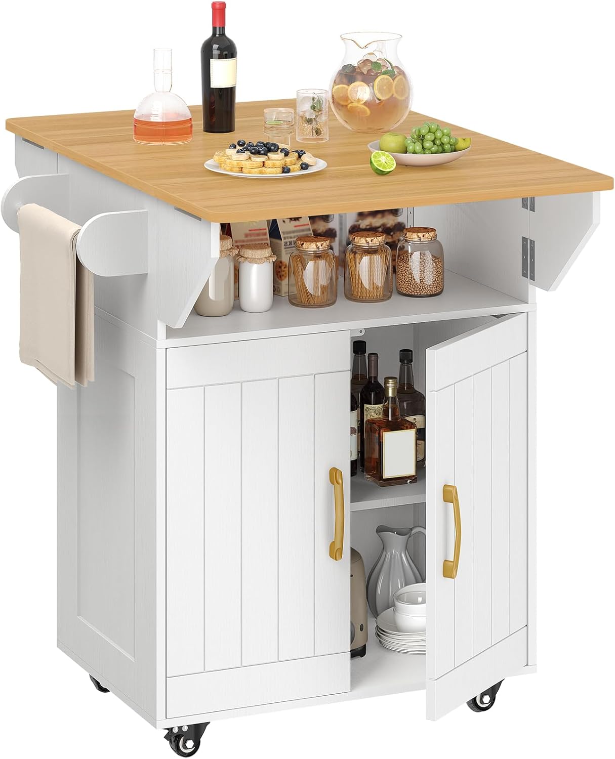 MAHANCRIS Kitchen Island on Wheels, Rolling Island Cart with Drop Leaf, Mobile Kitchen Island with Storage, Kitchen Island Table with Adjustable Shelf and Hooks, for Kitchen White and Natural KIBN9801