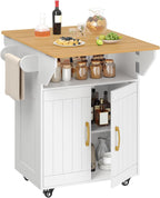 MAHANCRIS Kitchen Island on Wheels, Rolling Island Cart with Drop Leaf, Mobile Kitchen Island with Storage, Kitchen Island Table with Adjustable Shelf and Hooks, for Kitchen White and Natural KIBN9801