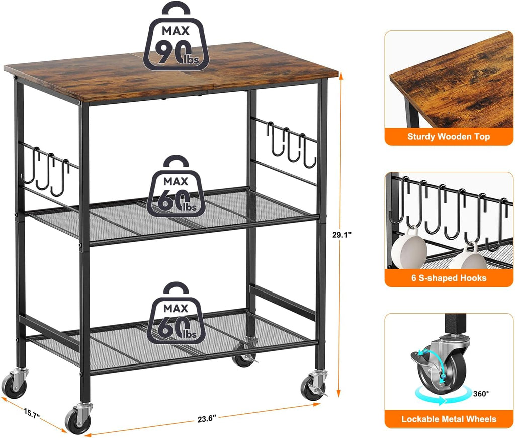 NTE Rolling Kitchen Microwave Cart, 3 Tier Microwave Stand with Storage, Small Kitchen Island on Wheels, Kitchen Storage Cart with 6 Hooks for Kitchen, Coffee Bar, Living Room, Balcony