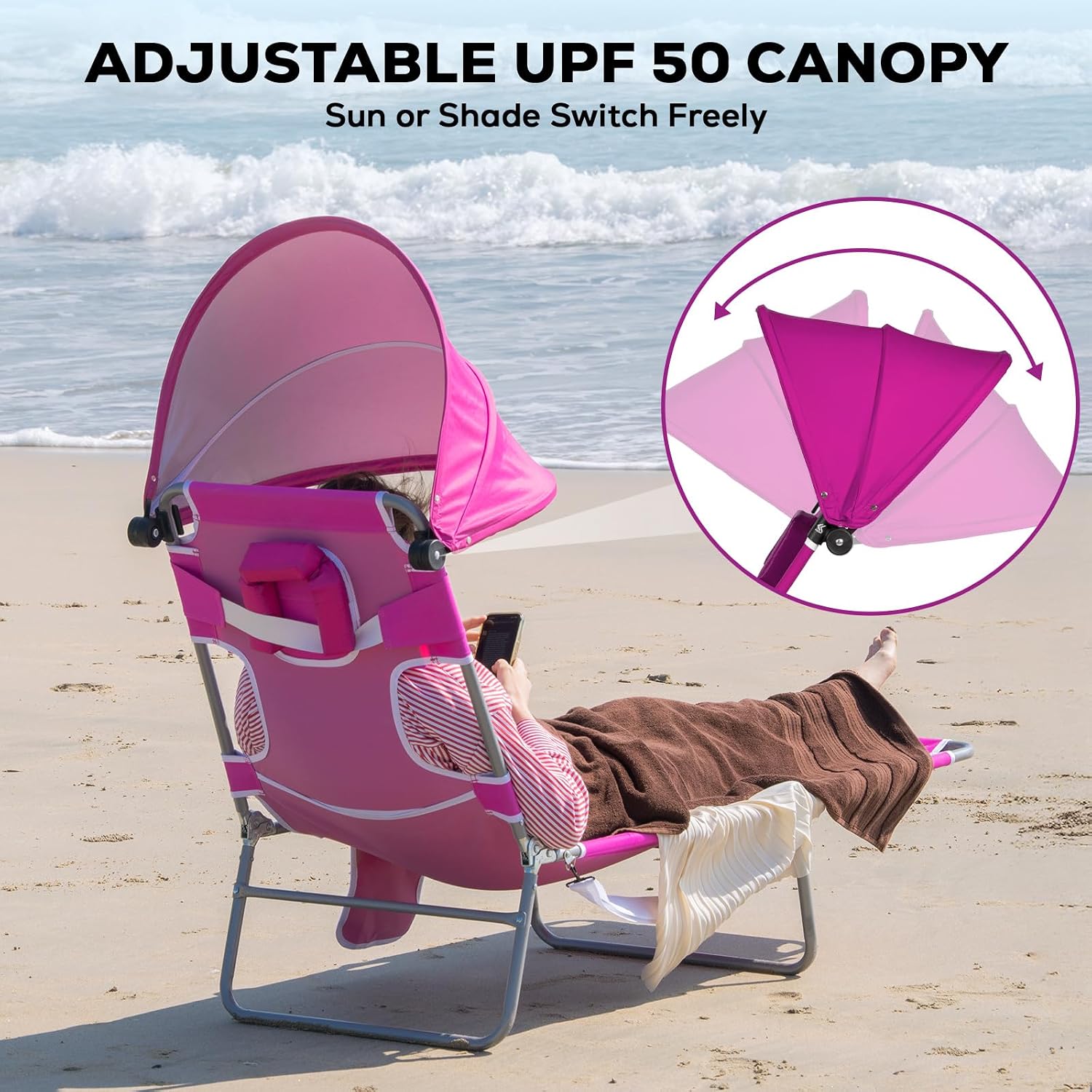 Romswi 1PK Folding Tanning Beach Chair with Face Hole & Canopy Shade, 5-Position Reclining Sun Lounger, Portable Face Down Tanning Chair with Arm Holes & Side Pocket for Beach, Pool & Patio, Neon Pink