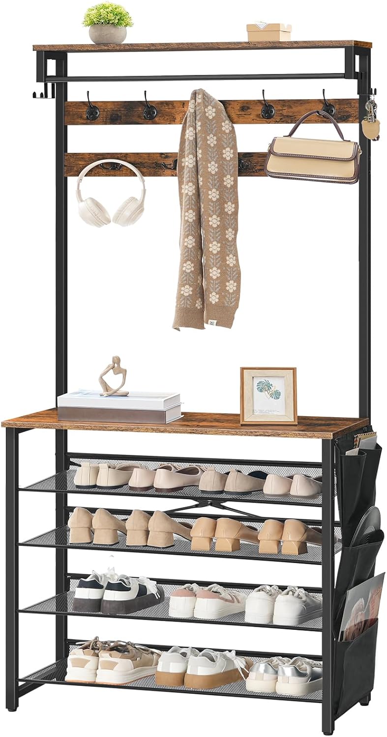 HOOBRO Hall Tree with Bench, Entryway Coat Rack with Shoe Rack, 39.4" Shoe and Coat Rack, 5 Tier Shoe Storage Organizer with Oxford Fabric Side Pockets, Adjustable Mesh Shelves, Rustic Brown BF76MT01