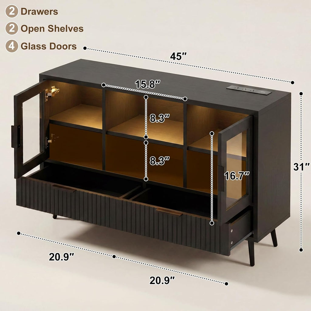 44" Sideboard Buffet Cabinet with Storage, Smart LED Lights Coffee Bar Cabinet with 8 Drawers & Adjustable Shelves, Modern Kitchen Storage Credenza Console Table for Living Room, Black