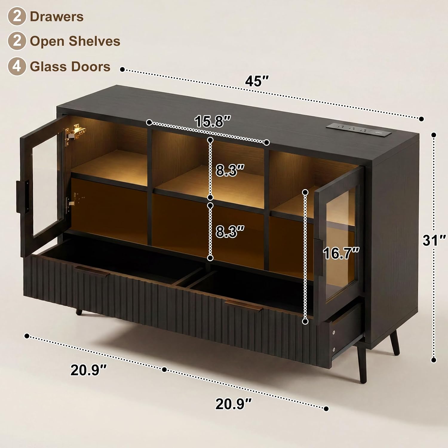 44" Sideboard Buffet Cabinet with Storage, Smart LED Lights Coffee Bar Cabinet with 8 Drawers & Adjustable Shelves, Modern Kitchen Storage Credenza Console Table for Living Room, Black