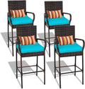 Sundale Outdoor Wicker Bar Stool Set of 4, Patio Counter Height Pub Chair with Arms, High Top Rattan Barstool, Cushion Beige, All-Weather Outdoor Rattan Furniture (Brown&Blue, Small Seat - 4 Stools)