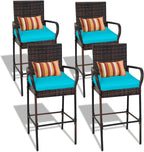 Sundale Outdoor Wicker Bar Stool Set of 4, Patio Counter Height Pub Chair with Arms, High Top Rattan Barstool, Cushion Beige, All-Weather Outdoor Rattan Furniture (Brown&Blue, Small Seat - 4 Stools)