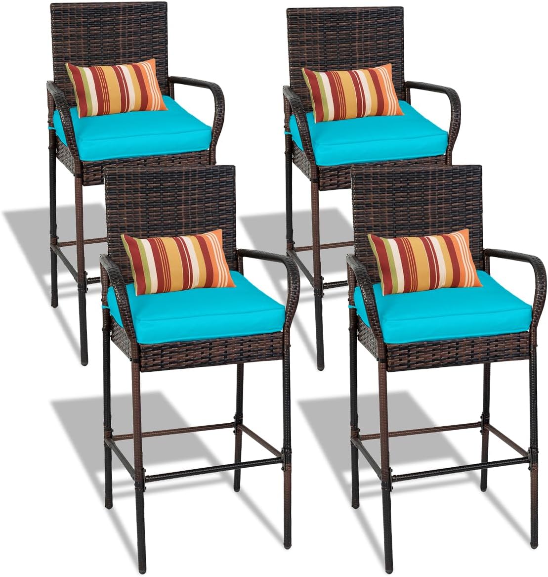 Sundale Outdoor Wicker Bar Stool Set of 4, Patio Counter Height Pub Chair with Arms, High Top Rattan Barstool, Cushion Beige, All-Weather Outdoor Rattan Furniture (Brown&Blue, Small Seat - 4 Stools)