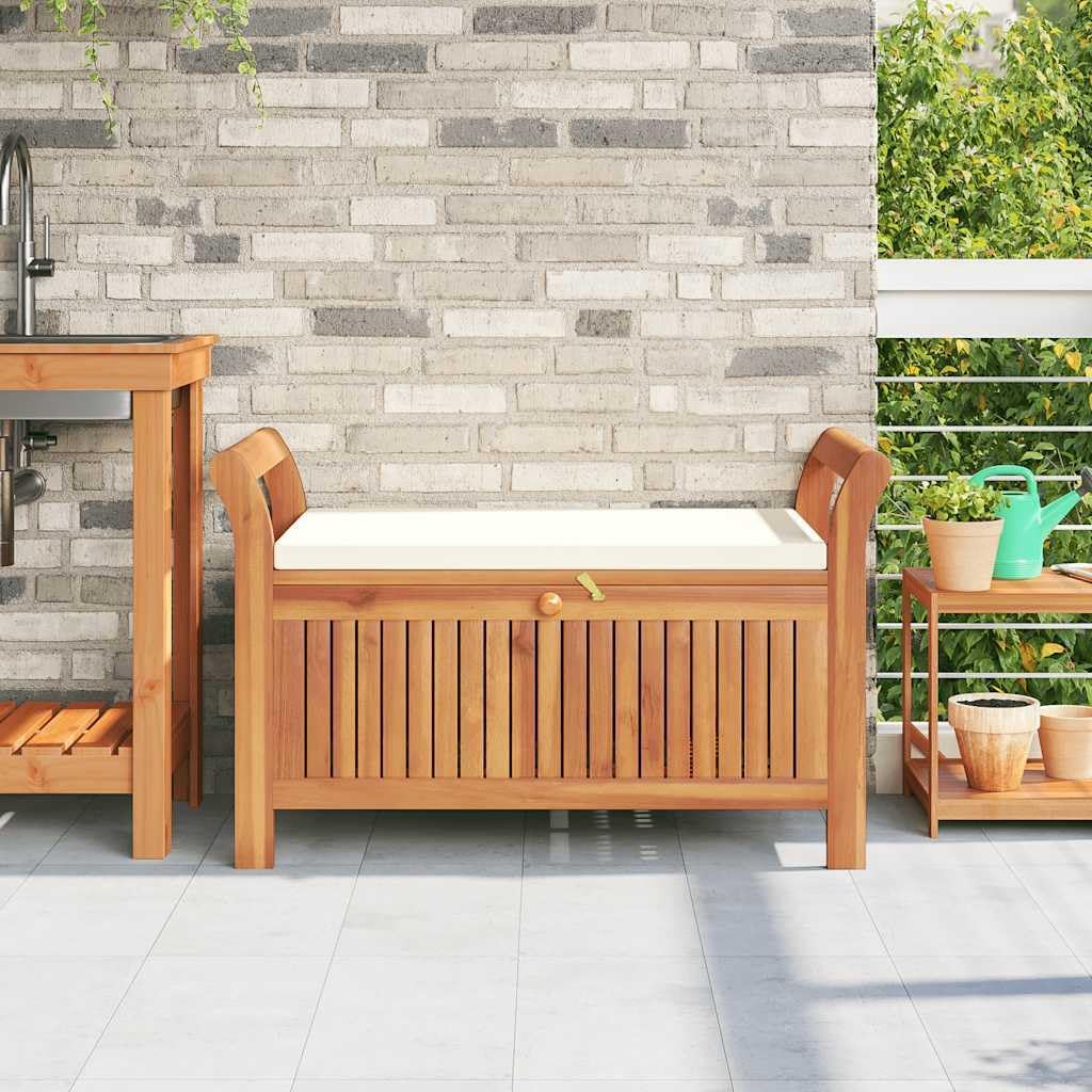 Solid Acacia Wood Garden Storage Bench with Cushion, 35.8 Inch Patio Storage Bench with Curved Arms for Cushions and Blankets