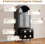 71" Tall Arched Pantry Cabinet, Modern Farmhouse Storage with Glass Doors, 2 Large Drawers, Anti-Tipping Device, Versatile for Kitchen Dining Room Bathroom, 71"x30"x16" (Black)