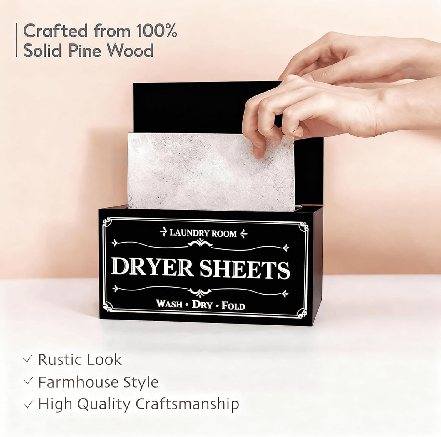 Rustic Farmhouse Decor Dryer Sheet Holder With Hinged Lid - For Laundry Room Organization - Laundry Softener Dispenser - Home Laundry Room Décor (Black)