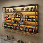 126in Wine Rack Wall Mounted, Large Capacity Hanging Wine Bottles Display Shelf with Glasses Holder, 4 Tier Industrial Bar Liquor Storage Shelves for Home Bar Kitchen,Living Room (Black, 126in)
