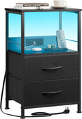 WLIVE LED Night Stand with Charging Station, Black Nightstand with 2 Fabric Drawers and Storage Shelf, Dorm Bedside Table End Table with 2 USB Ports and Outlets, Small Dresser for Bedroom