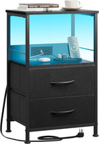 WLIVE LED Night Stand with Charging Station, Black Nightstand with 2 Fabric Drawers and Storage Shelf, Dorm Bedside Table End Table with 2 USB Ports and Outlets, Small Dresser for Bedroom