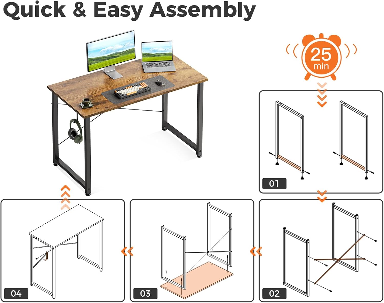 Casaottima 40 Inch Small Computer Desk for Home Office, Study Writing Table for Small Spaces, Simple Modern Desk with Headphone Hooks, Vintage