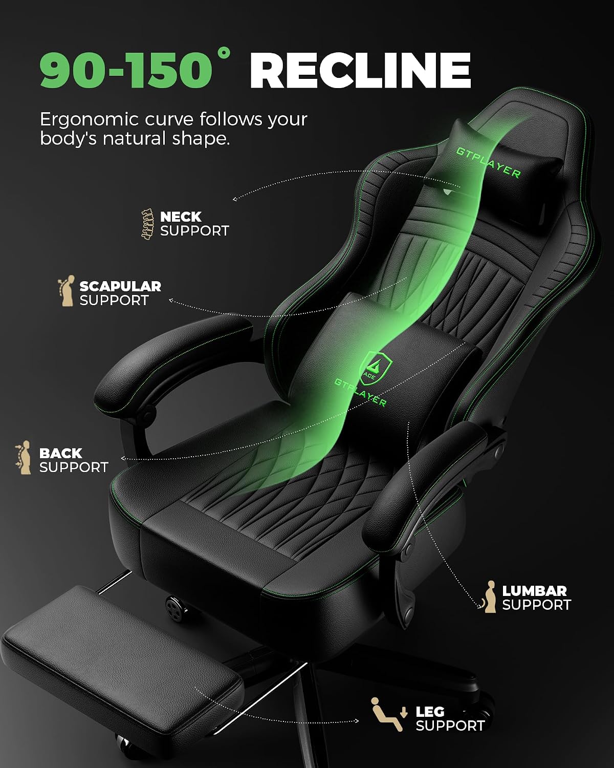 GTPLAYER Gaming Chair, Video Game Chairs with Footrest, PC Gamer Chairs for Adults - Padded High Back Ergonomic Reclining Silla Gamer, Linkage Armrest, Ace Pro, Black Green