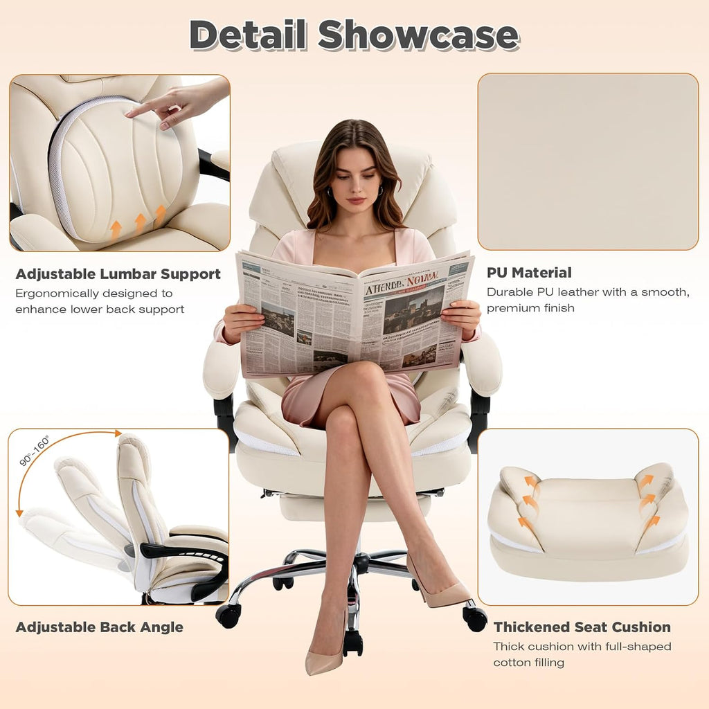 Ergonomic Fully Reclining Office Chairs with Back Support Footrest, Big and Tall Comfortable Recliner Office Desk Chair Computer Gaming Chair, Cream Beige