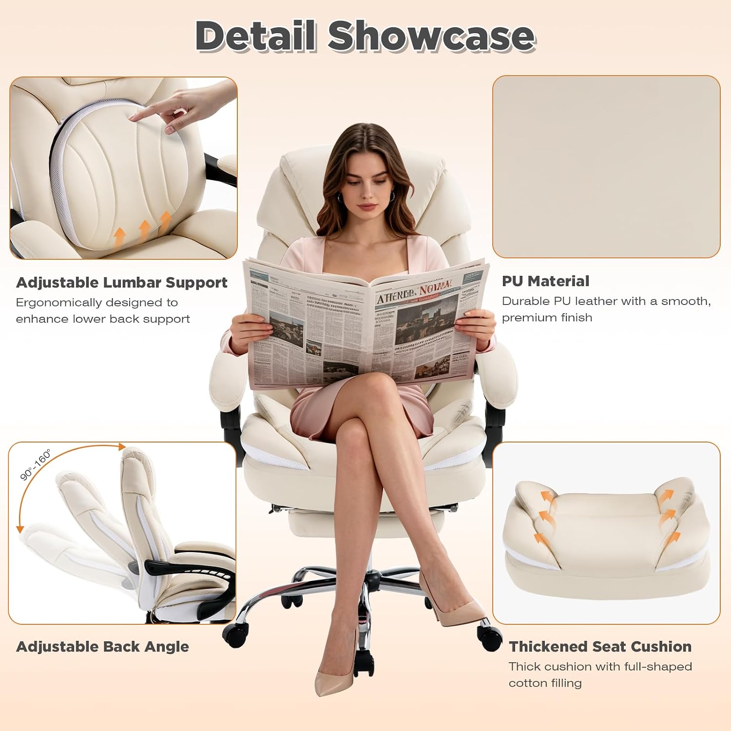 Ergonomic Fully Reclining Office Chairs with Back Support Footrest, Big and Tall Comfortable Recliner Office Desk Chair Computer Gaming Chair, Cream Beige